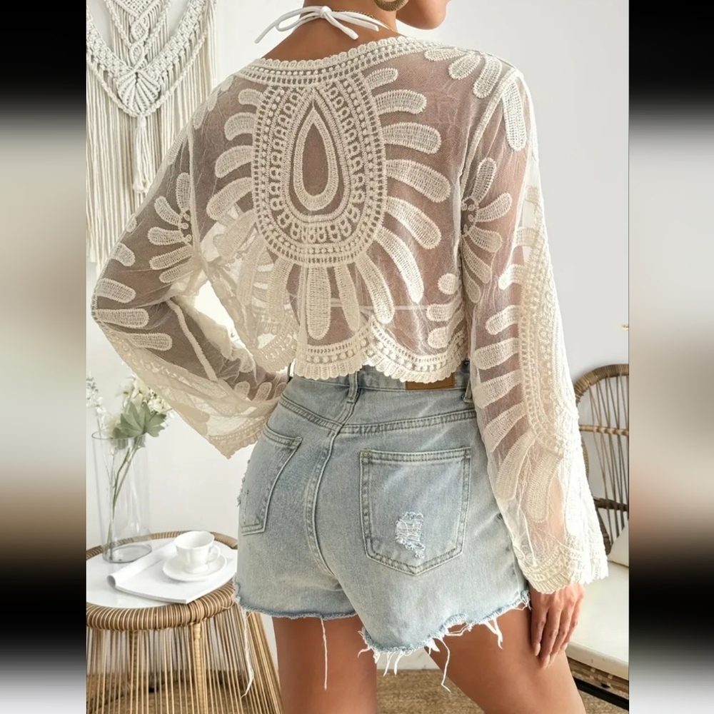 Bohemian Long Sleeve Embroidered Semi Sheer MeshTop Cream Beige S/4 M/6 L/8-10 - Picture 3 of 9